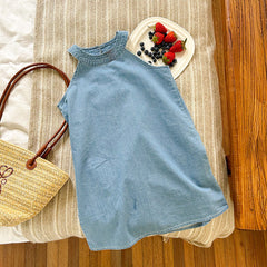 Sleeveless Denim Korean-Style Girls Dress – Casual Cotton Blend