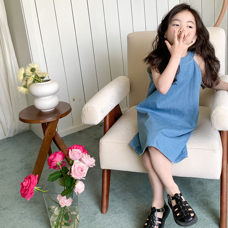 Sleeveless Denim Korean-Style Girls Dress – Casual Cotton Blend