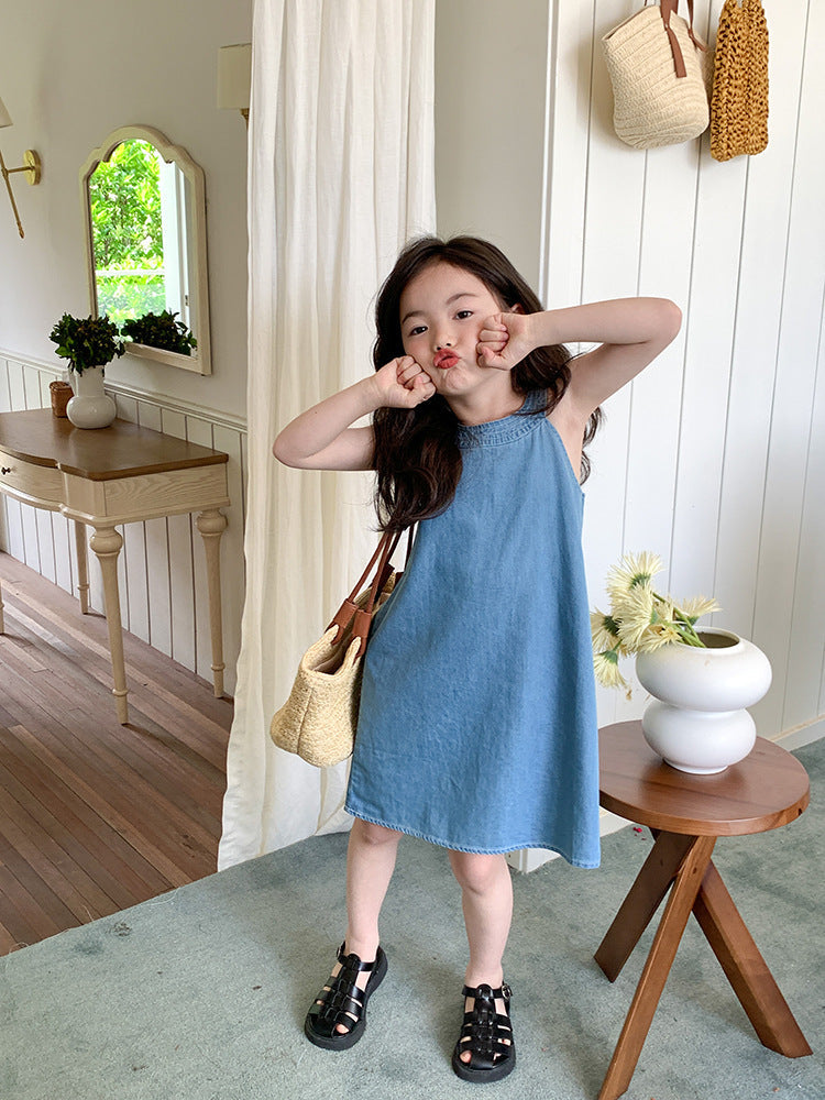 Sleeveless Denim Korean-Style Girls Dress – Casual Cotton Blend
