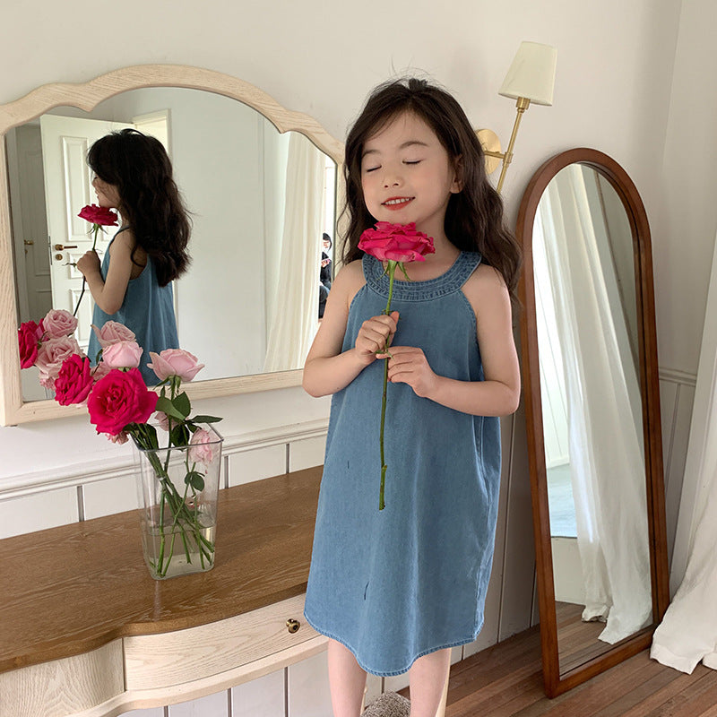 Sleeveless Denim Korean-Style Girls Dress – Casual Cotton Blend