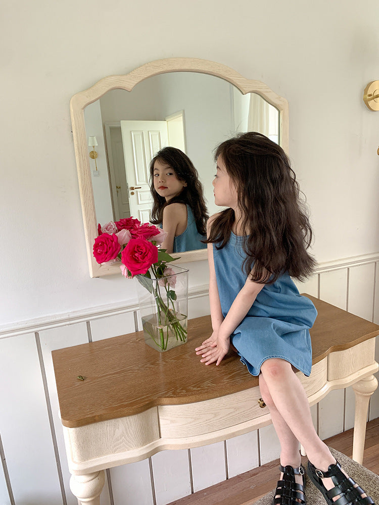 Sleeveless Denim Korean-Style Girls Dress – Casual Cotton Blend
