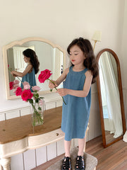 Sleeveless Denim Korean-Style Girls Dress – Casual Cotton Blend