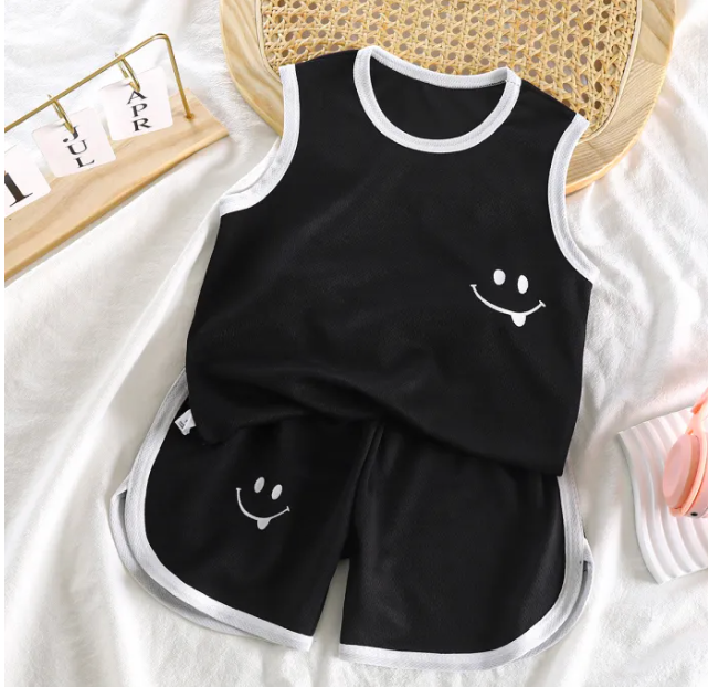 Smiley Black White Two Piece Boys Set – Soft Polyester Blend Kids’ Outfit, Trendy & Comfortable
