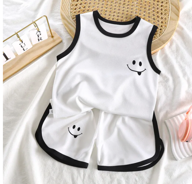 Smiley Black White Two Piece Boys Set – Soft Polyester Blend Kids’ Outfit, Trendy & Comfortable
