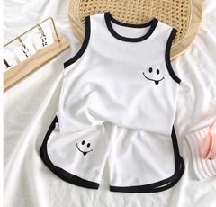 Smiley Black White Two Piece Boys Set – Soft Polyester Blend Kids’ Outfit, Trendy & Comfortable