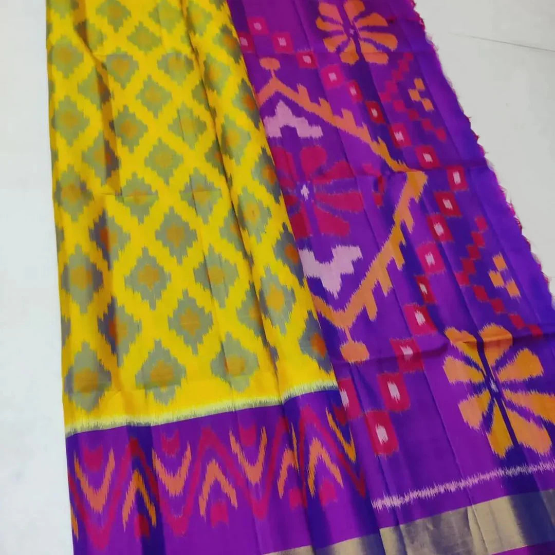 Yellow ikkat Printed Handloom Soft Silk Saree