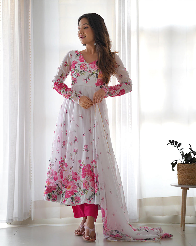 Soft Organza Silk Anarkali Suit with Printed Design & Gota Patti Dupatta