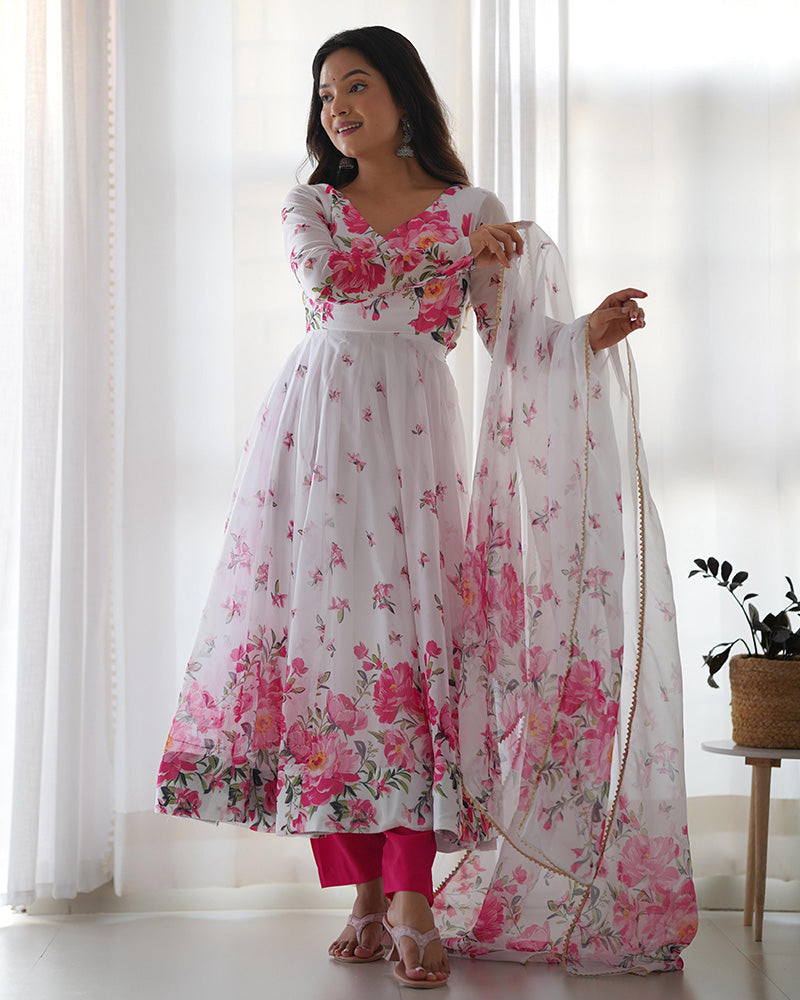 Soft Organza Silk Anarkali Suit with Printed Design & Gota Patti Dupatta