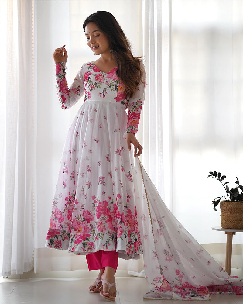 Soft Organza Silk Anarkali Suit with Printed Design & Gota Patti Dupatta