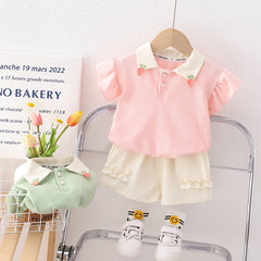 Strawberry Collared Cotton Girls Clothing Set – Cute Top and Bottom Outfit
