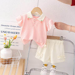 Strawberry Collared Cotton Girls Clothing Set – Cute Top and Bottom Outfit