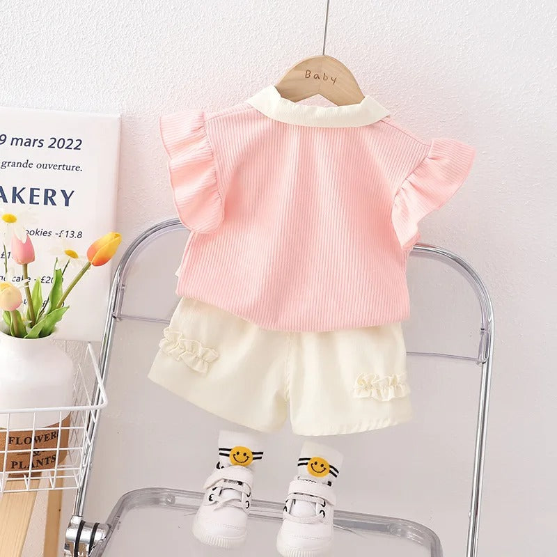 Strawberry Collared Cotton Girls Clothing Set – Cute Top and Bottom Outfit