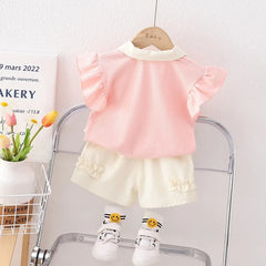Strawberry Collared Cotton Girls Clothing Set – Cute Top and Bottom Outfit