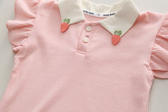 Strawberry Collared Cotton Girls Clothing Set – Cute Top and Bottom Outfit