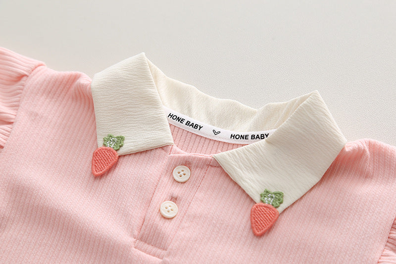 Strawberry Collared Cotton Girls Clothing Set – Cute Top and Bottom Outfit