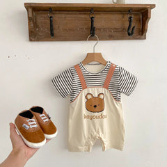 Striped Bear Dungaree Style Boy Romper – Soft Cotton Infant Outfit, Comfortable & Adorable