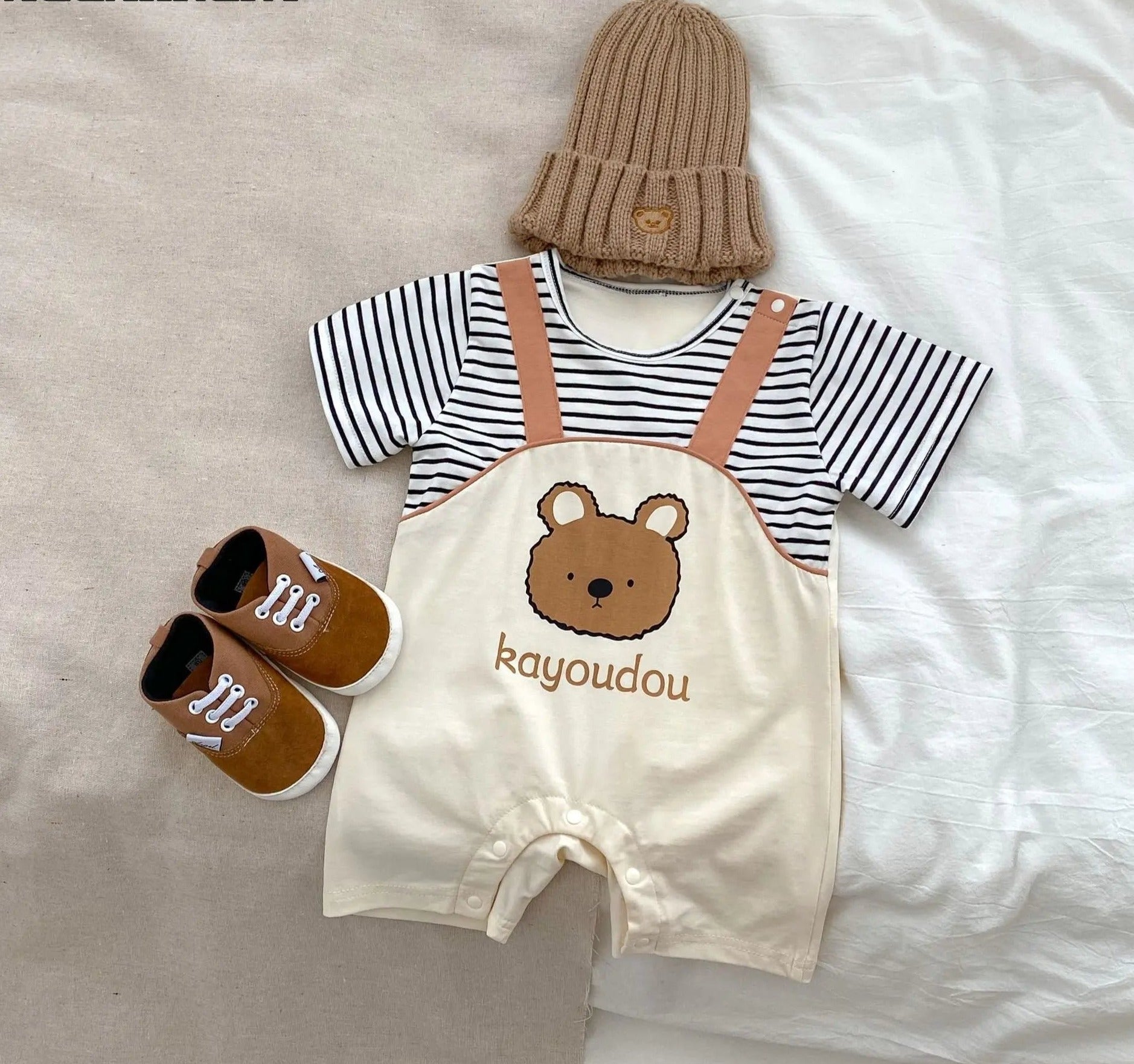 Striped Bear Dungaree Style Boy Romper – Soft Cotton Infant Outfit, Comfortable & Adorable