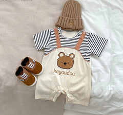 Striped Bear Dungaree Style Boy Romper – Soft Cotton Infant Outfit, Comfortable & Adorable
