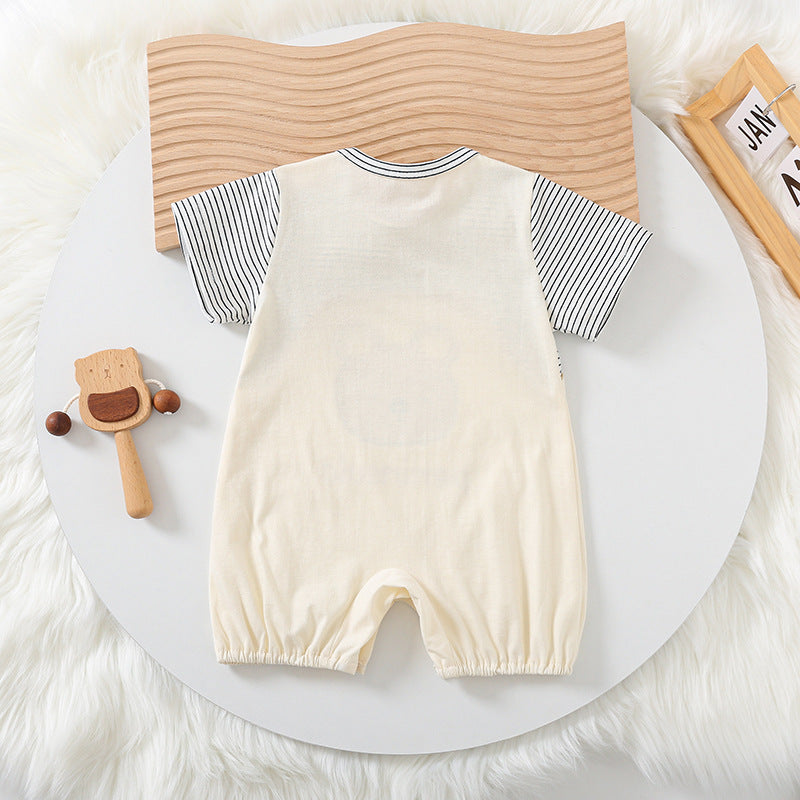 Striped Bear Dungaree Style Boy Romper – Soft Cotton Infant Outfit, Comfortable & Adorable