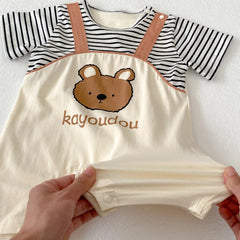 Striped Bear Dungaree Style Boy Romper – Soft Cotton Infant Outfit, Comfortable & Adorable