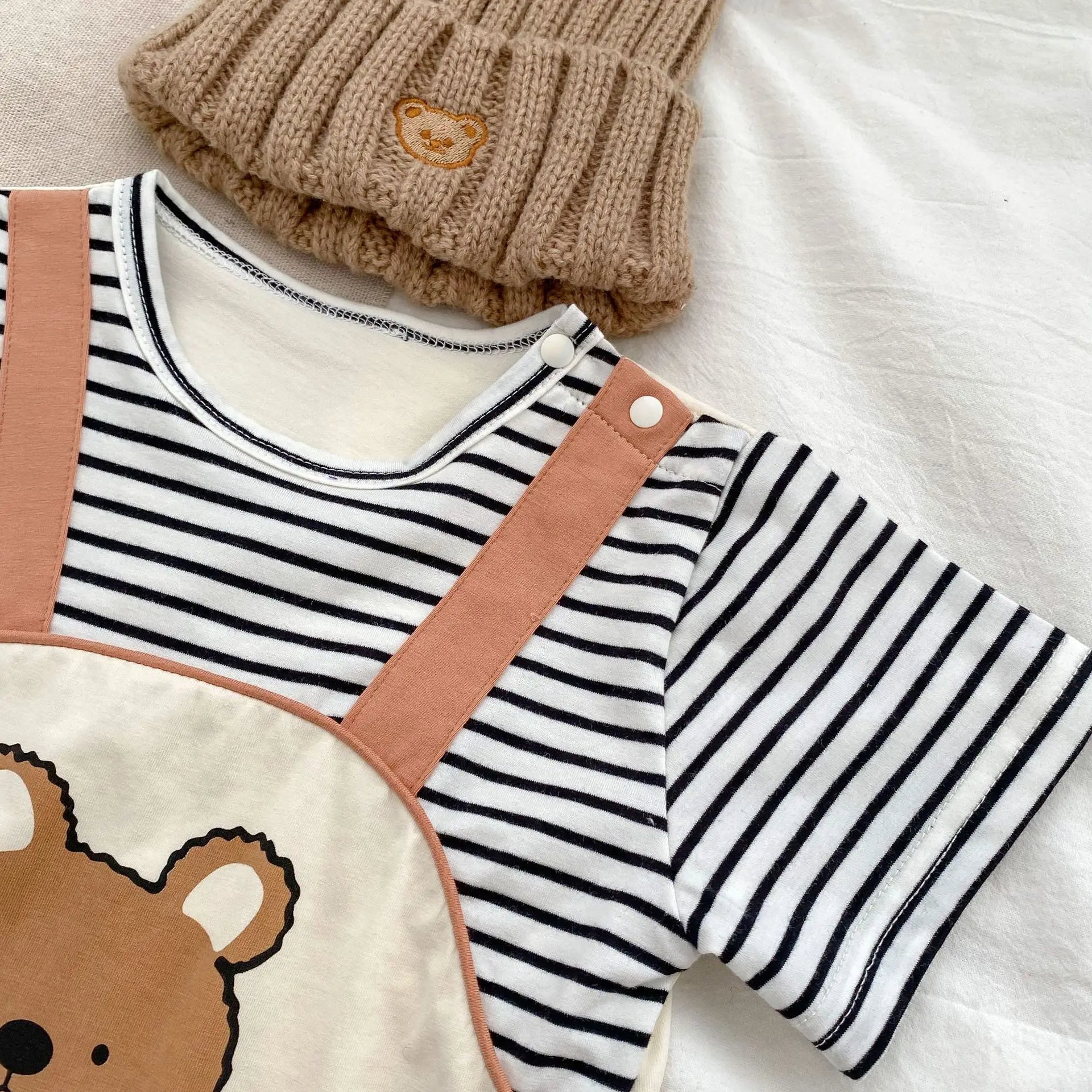 Striped Bear Dungaree Style Boy Romper – Soft Cotton Infant Outfit, Comfortable & Adorable