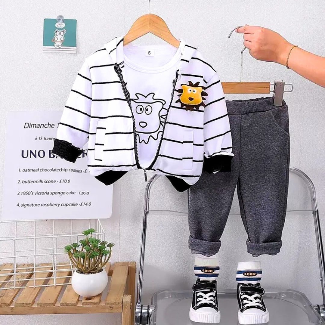 Striped Hooded Jacket Boys Three Piece Set – Cotton Blend Kids’ Outfit, Comfortable & Stylish