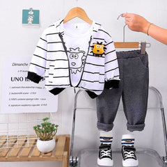 Striped Hooded Jacket Boys Three Piece Set – Cotton Blend Kids’ Outfit, Comfortable & Stylish