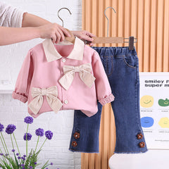 Stylish Bow Top and Flare Jeans Set for Girls – Cotton Outfit
