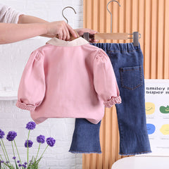 Stylish Bow Top and Flare Jeans Set for Girls – Cotton Outfit