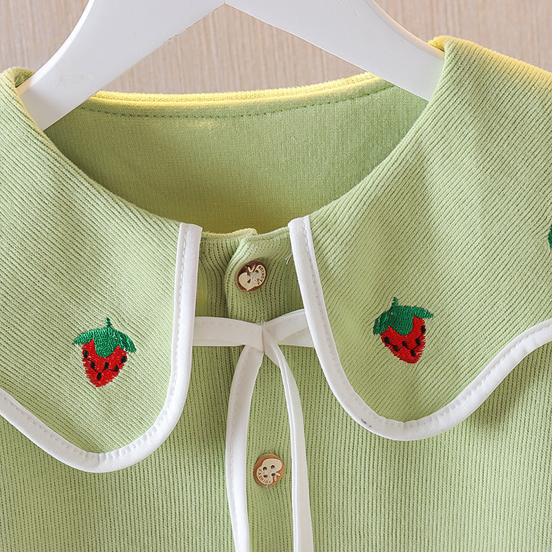 Stylish Collared Strawberry Print Top for Little Girls – Cotton Blend