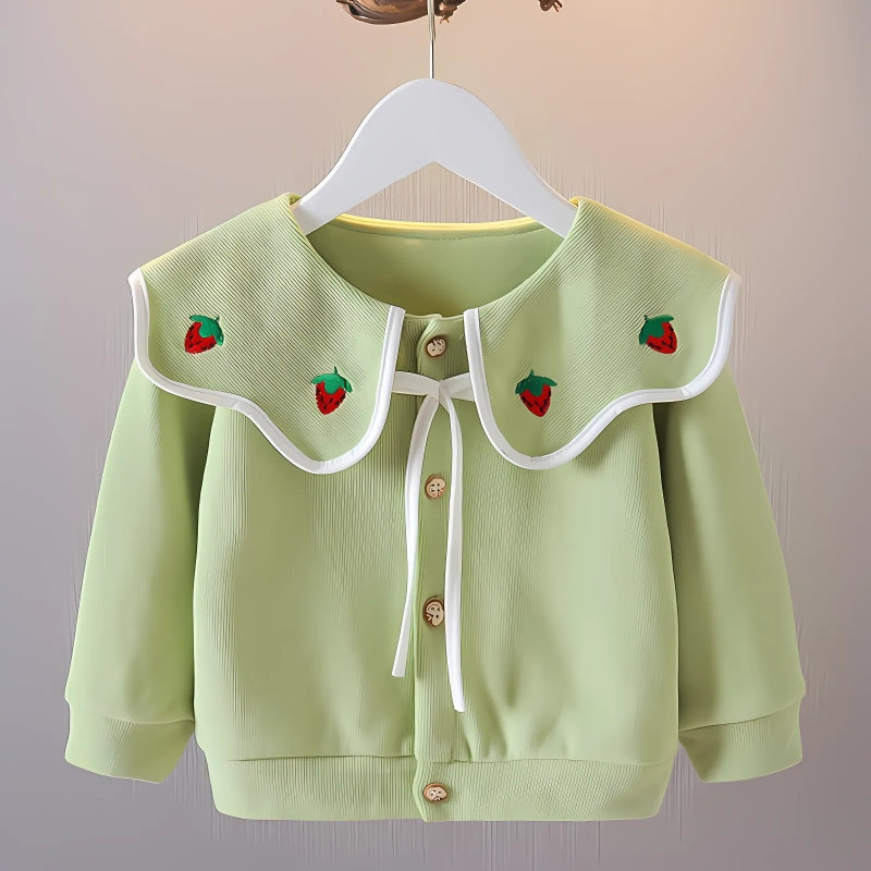 Stylish Collared Strawberry Print Top for Little Girls – Cotton Blend