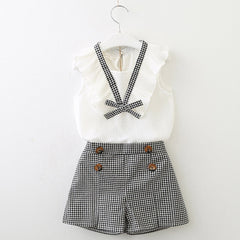 Stylish Plaid Girls Two-Piece Cotton Set – Top and Skirt Outfit