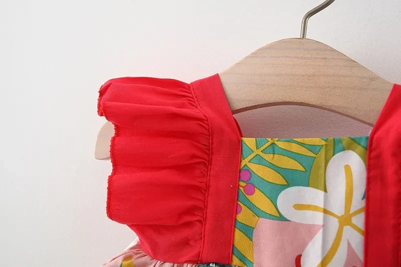 Red Vibrant Frill Sleeves Girls Dress with Hat – Soft Cotton Outfit