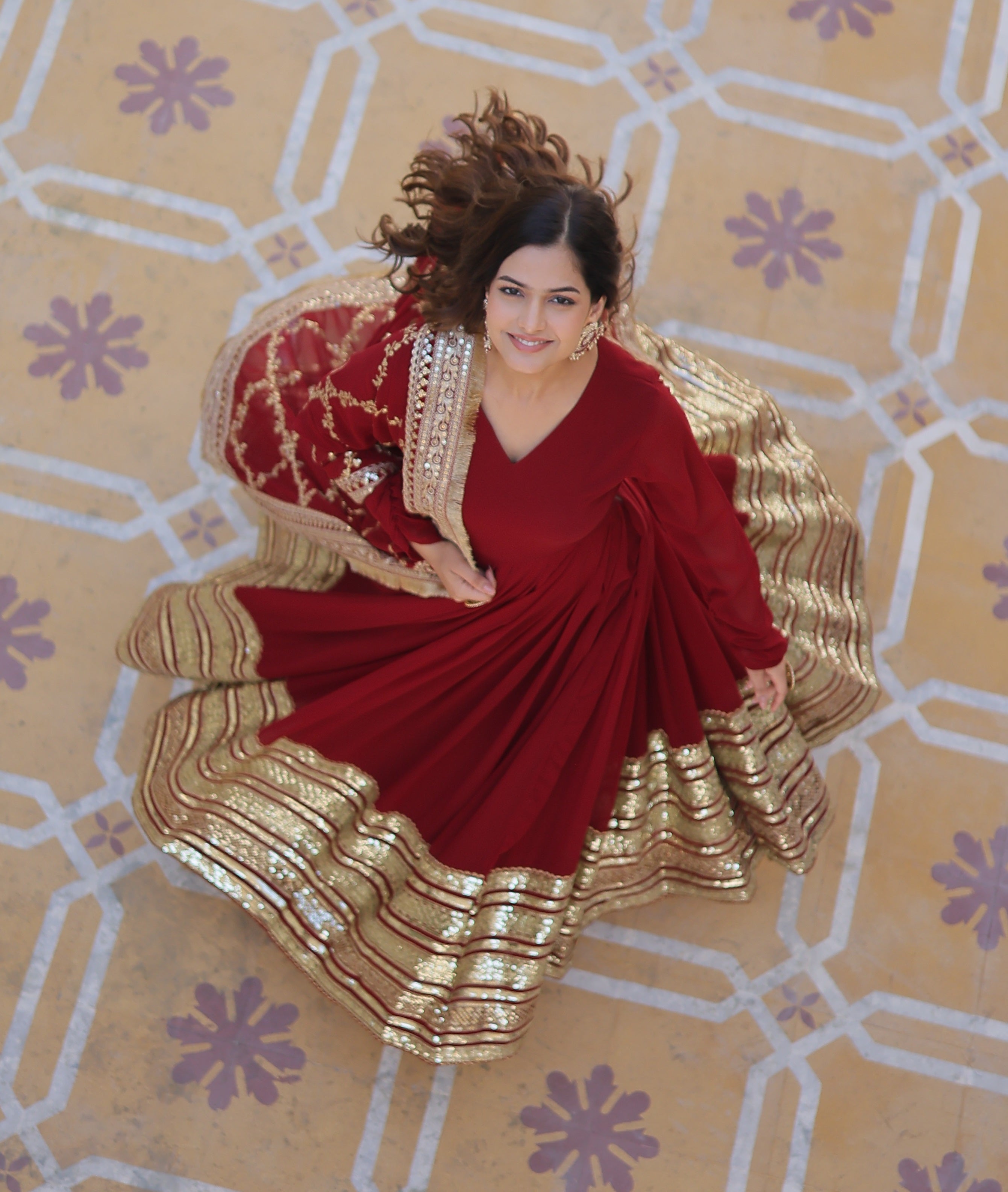 Elegant Faux Blooming Embroidered Gown Set