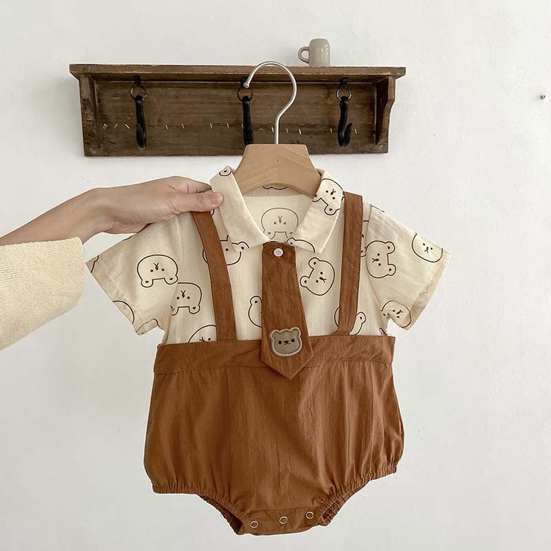 Tie Suspender Boys Cute Romper – Soft Cotton Baby Outfit, Comfortable & Stylish
