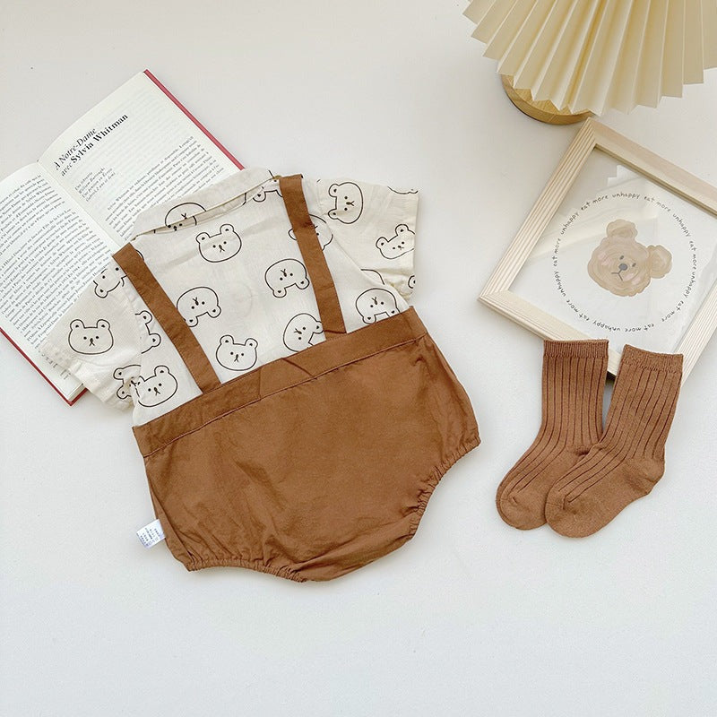 Tie Suspender Boys Cute Romper – Soft Cotton Baby Outfit, Comfortable & Stylish