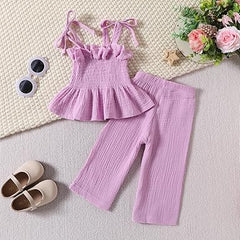 Trendy Knot Girls Pink Top and Pants Set – Cotton Blend Casual Outfit