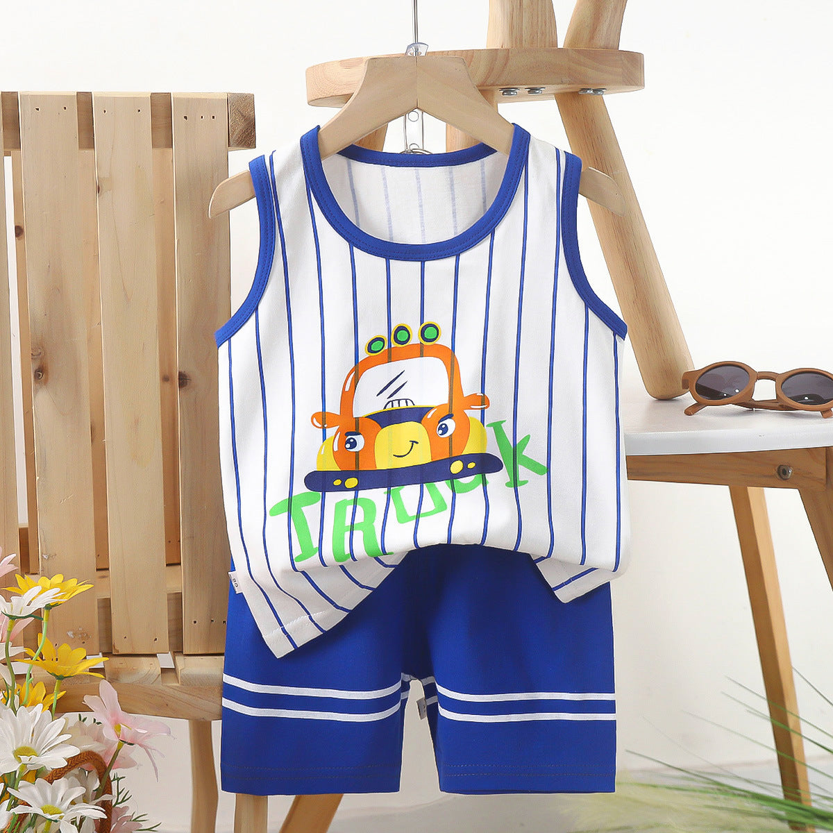 Truck Cartoon Sleeveless Set – Soft Cotton Summer Outfit for Boys, Lightweight & Comfortable