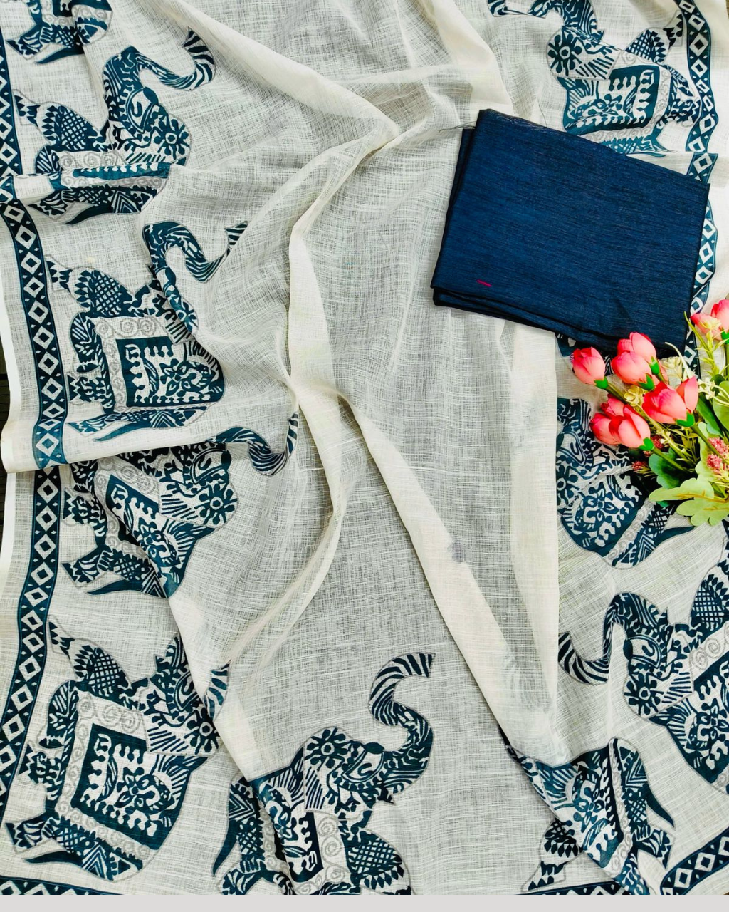 White Linen Saree with Black Border and Elephant Block Prints