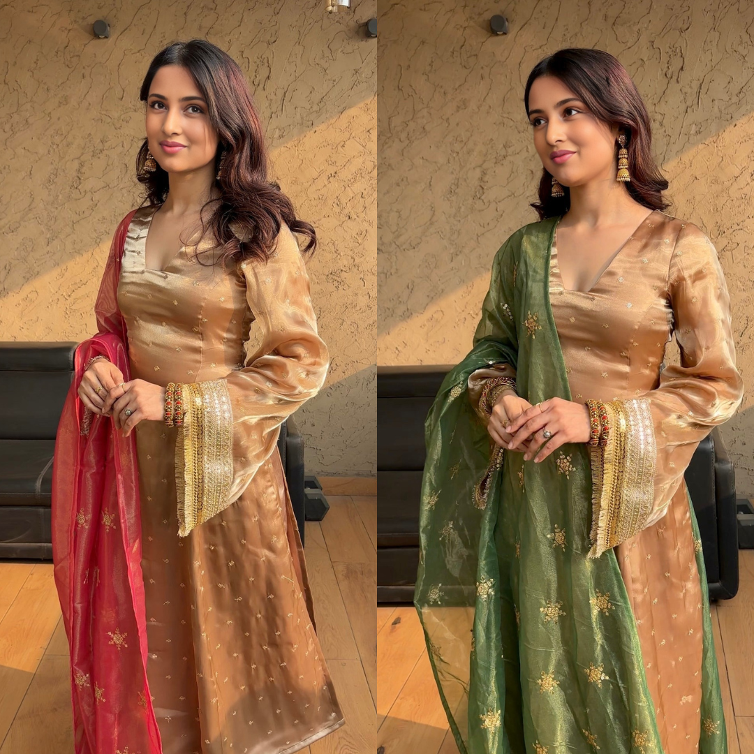 Crimson Red & Green Jimmy Choo Satin Silk Anarkali Suit with Embroidery Sequence Work