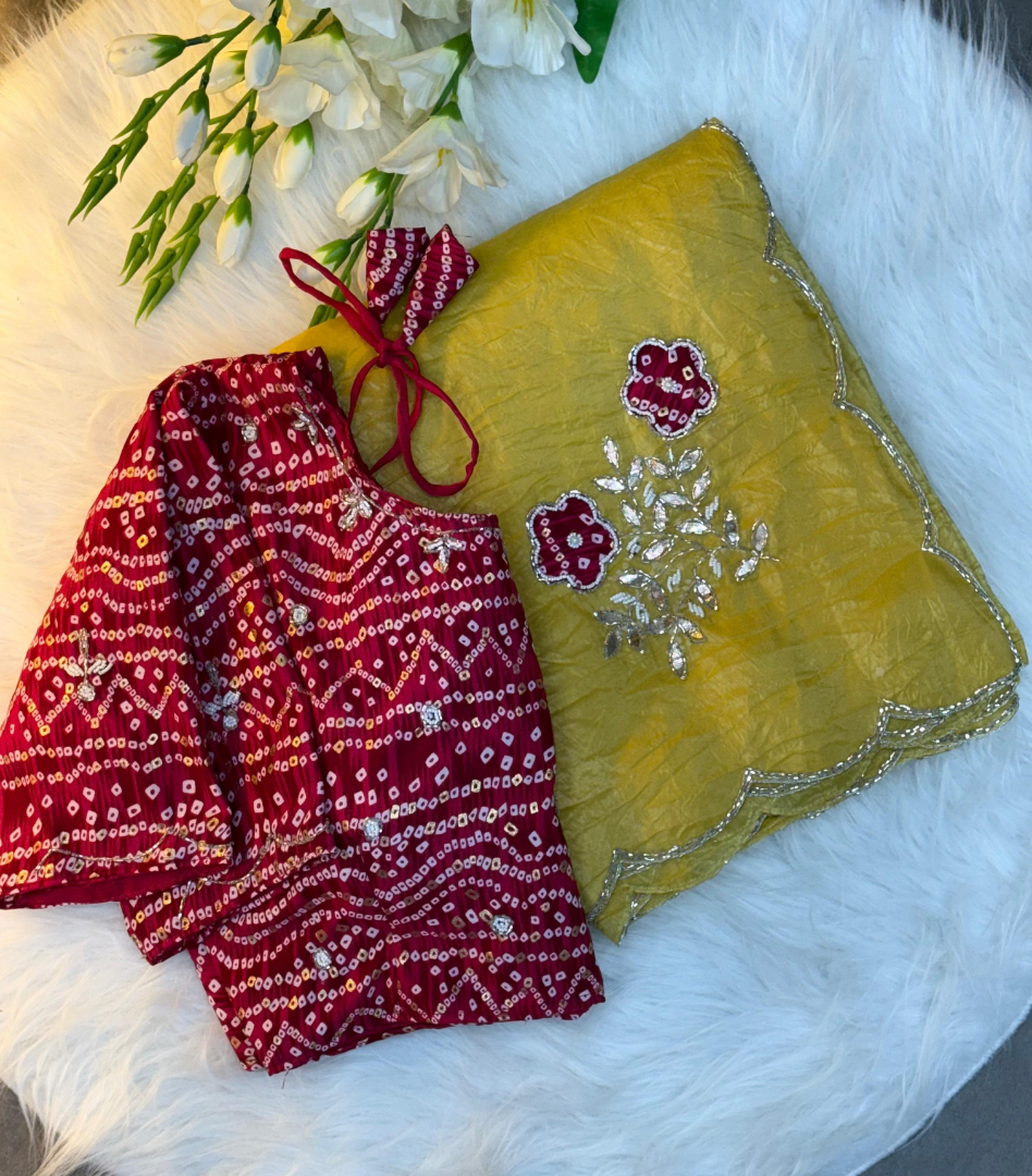 Yellow Bandhej Saree with cutdana work with Blouse.