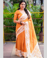 Yellow Cotton Saree With Blouse Piece For Women.