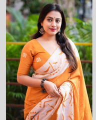 Yellow Cotton Saree With Blouse Piece For Women.