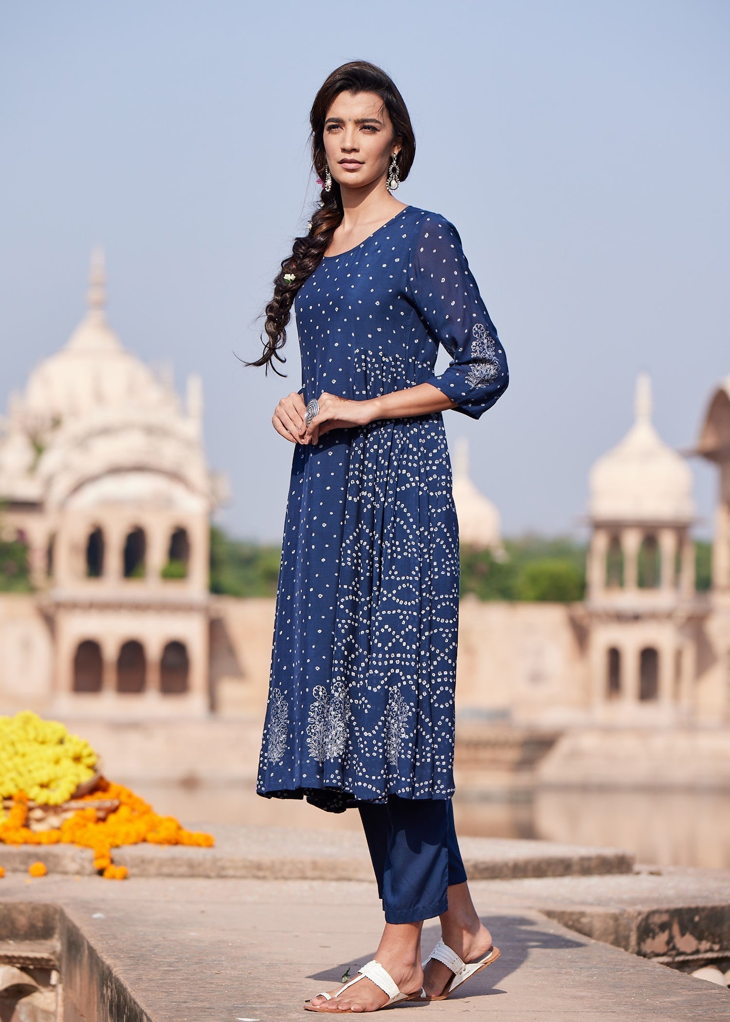 Vaayu Flared Kurta in Classic Bhandhej Print – Navy