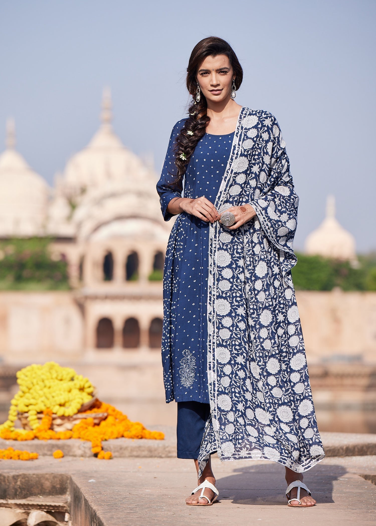Vaayu Flared Kurta in Classic Bhandhej Print – Navy