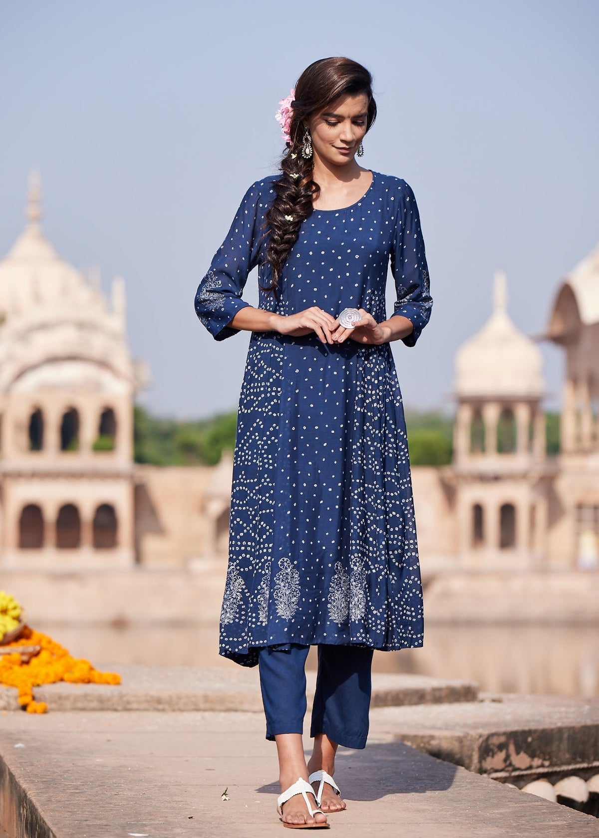 Vaayu Flared Kurta in Classic Bhandhej Print – Navy
