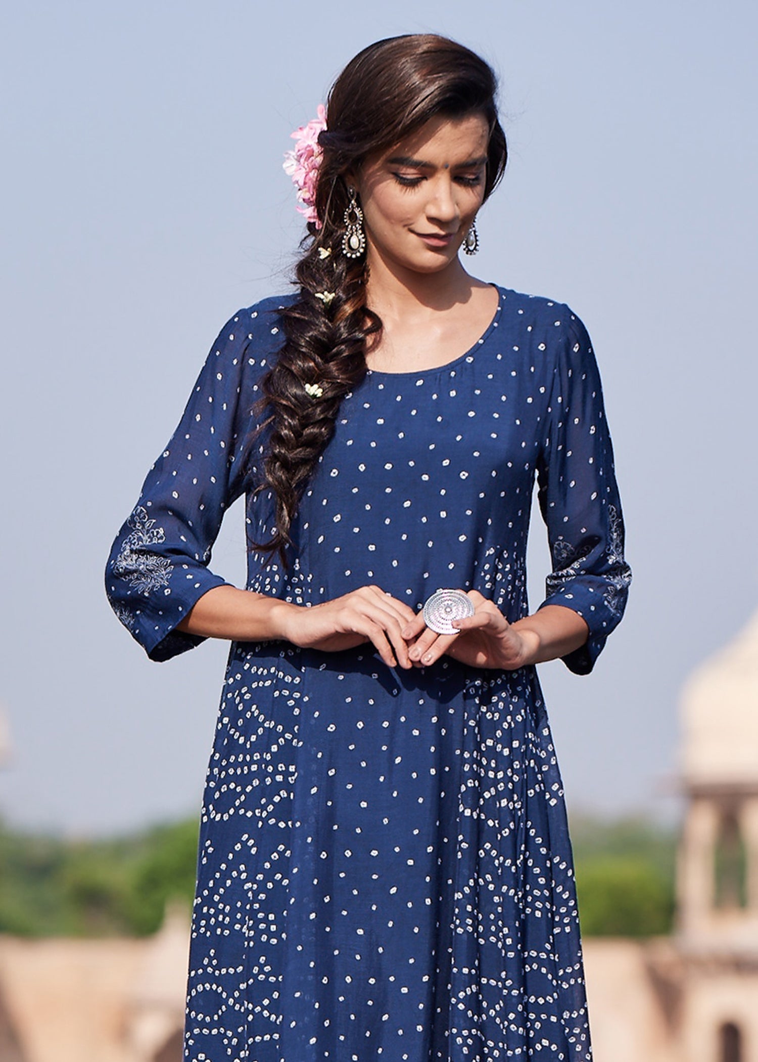 Vaayu Flared Kurta in Classic Bhandhej Print – Navy