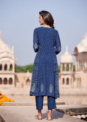 Vaayu Flared Kurta in Classic Bhandhej Print – Navy