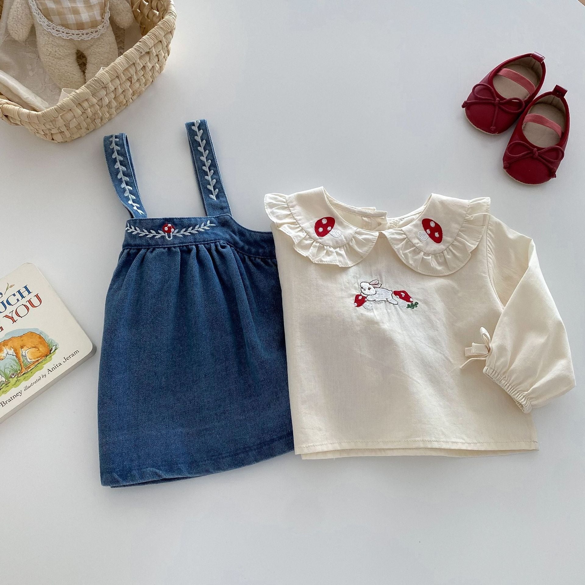 Valentina Embroidered Girls Top & Denim Dress Set – Stylish Cotton Blend Outfit