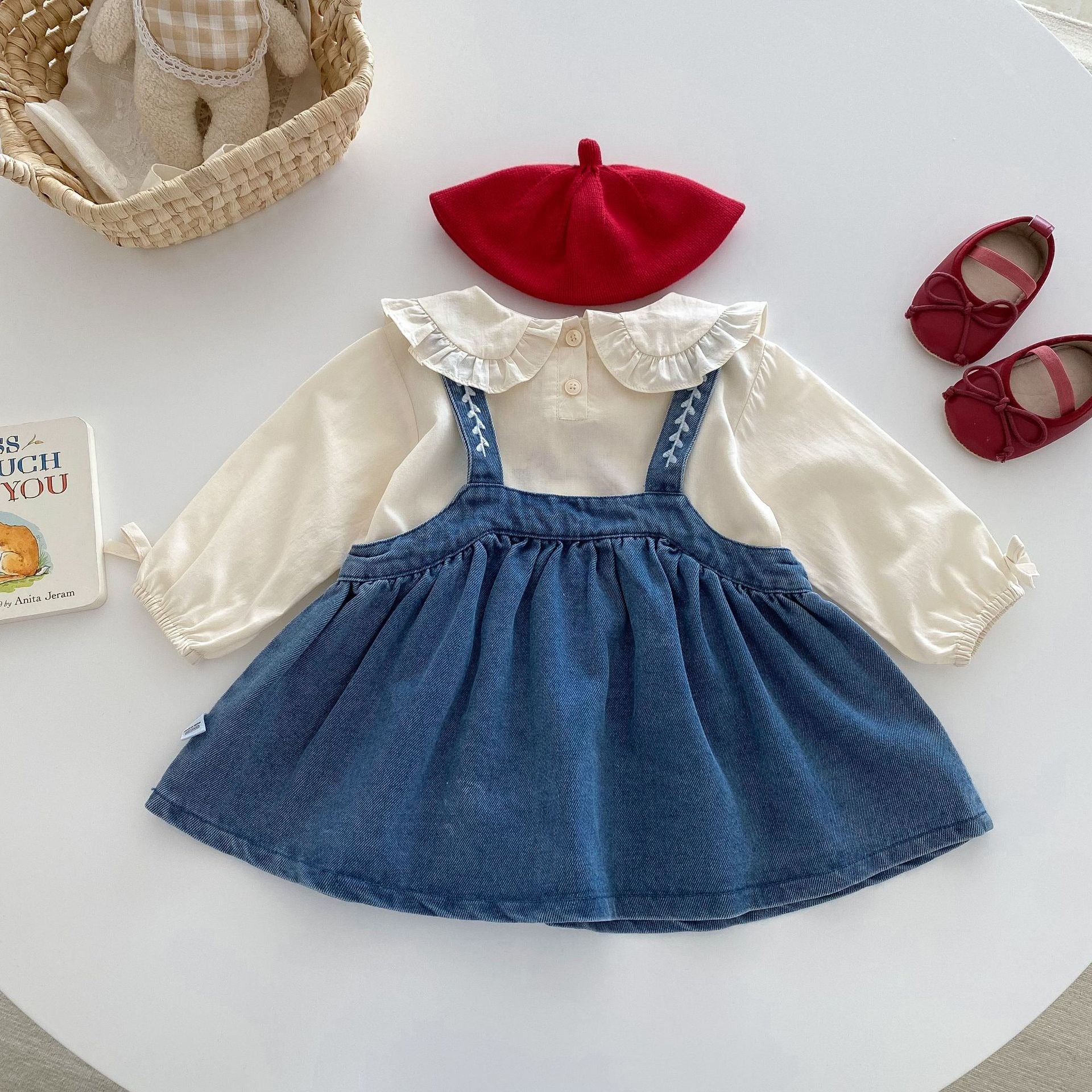 Valentina Embroidered Girls Top & Denim Dress Set – Stylish Cotton Blend Outfit